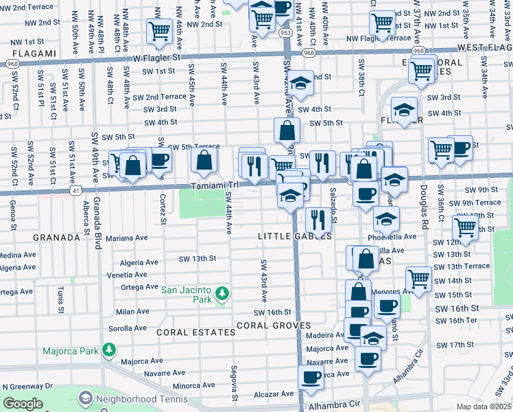 map of restaurants, bars, coffee shops, grocery stores, and more near 945 Southwest 43rd Avenue in Miami
