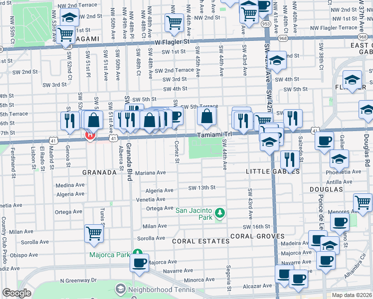 map of restaurants, bars, coffee shops, grocery stores, and more near 845 Lorca Street in Miami