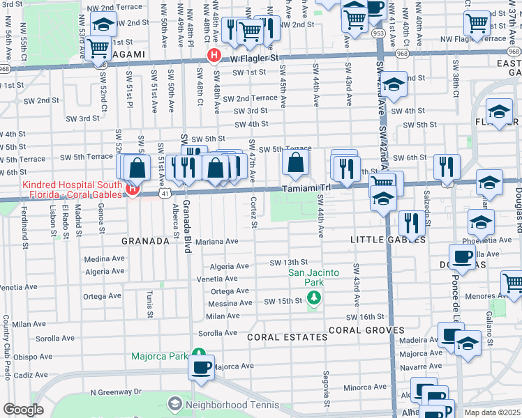 map of restaurants, bars, coffee shops, grocery stores, and more near 845 Lorca Street in Miami