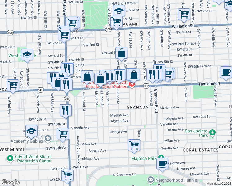 map of restaurants, bars, coffee shops, grocery stores, and more near 1255 Aguila Avenue in Coral Gables