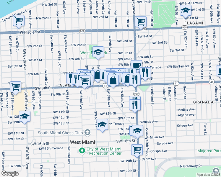 map of restaurants, bars, coffee shops, grocery stores, and more near 921 Southwest 59th Avenue in West Miami