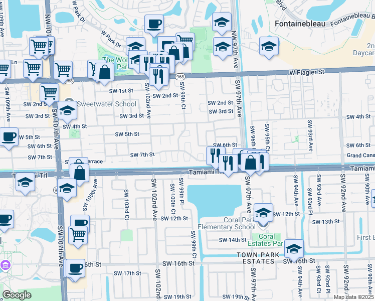 map of restaurants, bars, coffee shops, grocery stores, and more near 740 Southwest 99th Court Circle in Miami