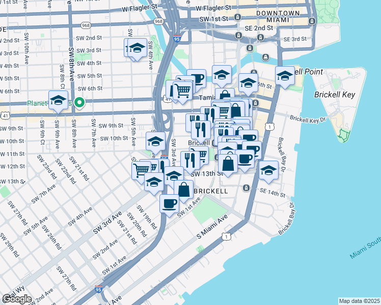 map of restaurants, bars, coffee shops, grocery stores, and more near 221 Southwest 12th Street in Miami