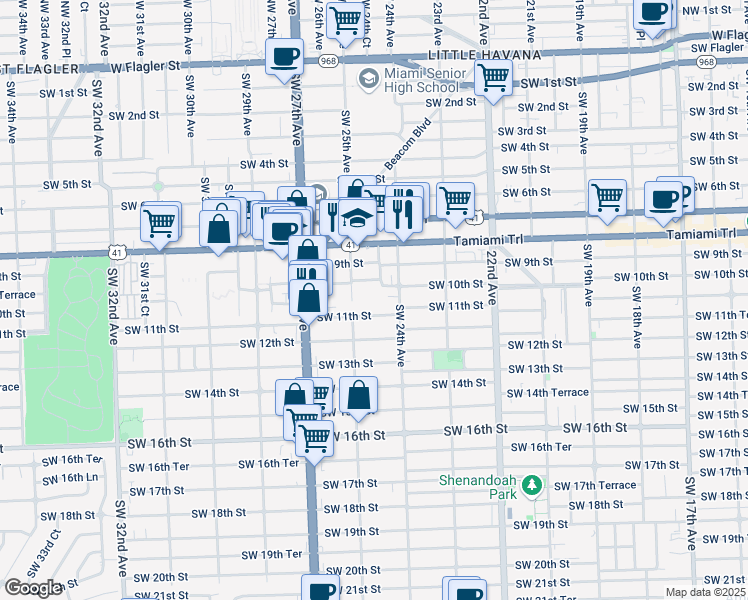 map of restaurants, bars, coffee shops, grocery stores, and more near 291 Southwest 11th Street in Miami