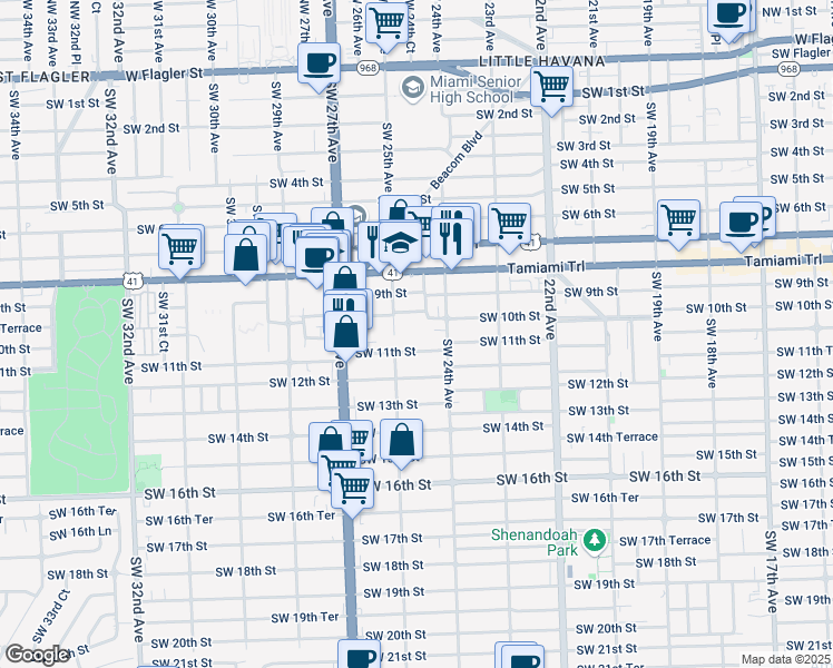 map of restaurants, bars, coffee shops, grocery stores, and more near 2459 Southwest 11th Street in Miami