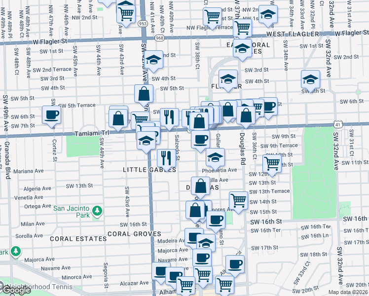 map of restaurants, bars, coffee shops, grocery stores, and more near 230 Calabria Avenue in Coral Gables