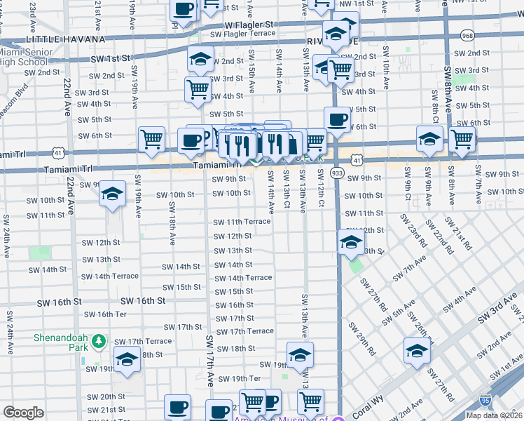 map of restaurants, bars, coffee shops, grocery stores, and more near 1400 Southwest 11th Terrace in Miami