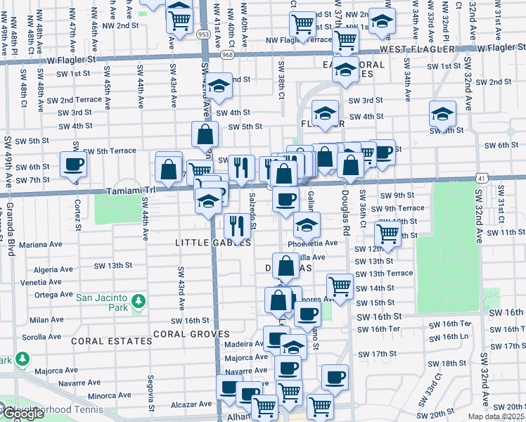 map of restaurants, bars, coffee shops, grocery stores, and more near 230 Calabria Avenue in Coral Gables