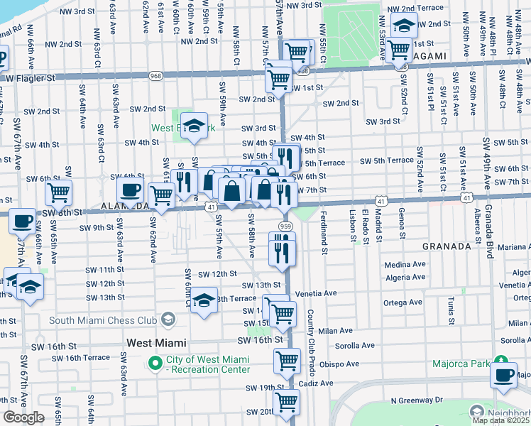 map of restaurants, bars, coffee shops, grocery stores, and more near 5760 Southwest 8th Street in West Miami
