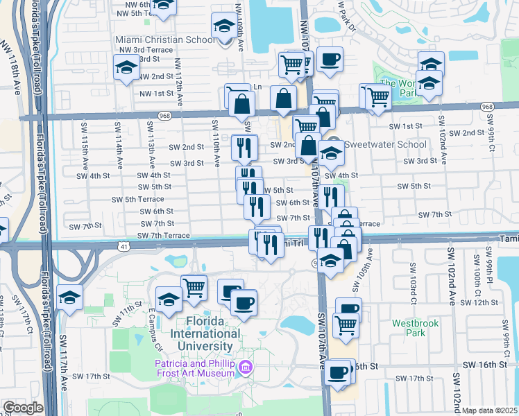 map of restaurants, bars, coffee shops, grocery stores, and more near 10848 Southwest 7th Street in Miami