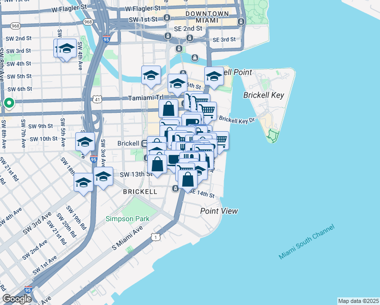 map of restaurants, bars, coffee shops, grocery stores, and more near 1069 Brickell Avenue in Miami
