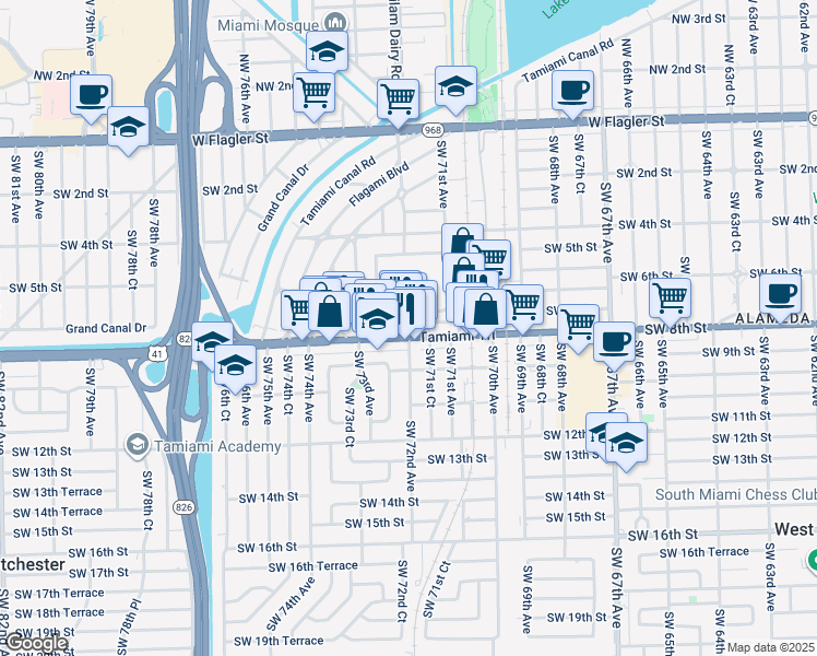map of restaurants, bars, coffee shops, grocery stores, and more near 7190 Southwest 8th Street in Miami