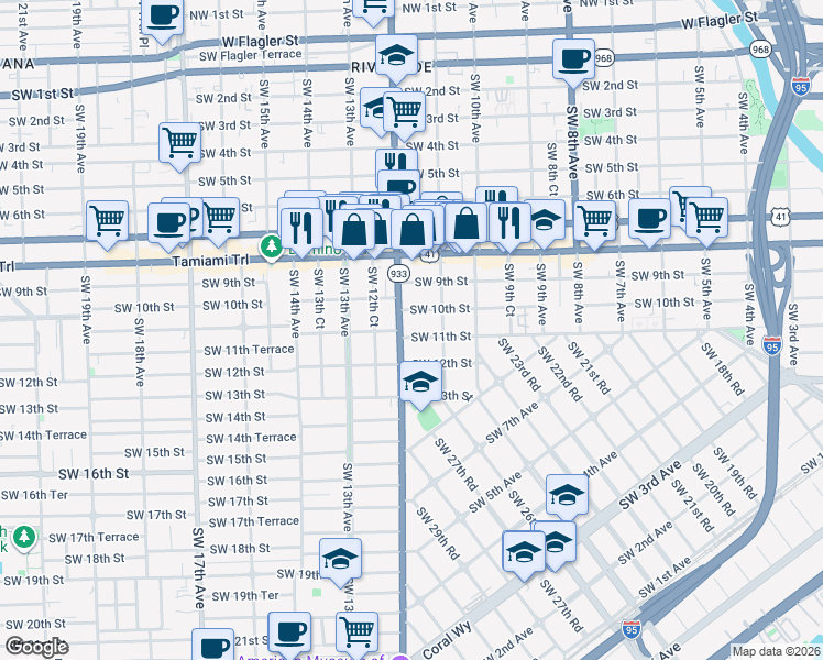 map of restaurants, bars, coffee shops, grocery stores, and more near 1141 Southwest 12th Avenue in Miami