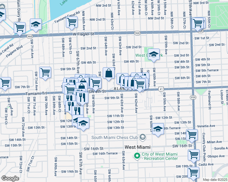 map of restaurants, bars, coffee shops, grocery stores, and more near 6387 Southwest 9th Street in West Miami
