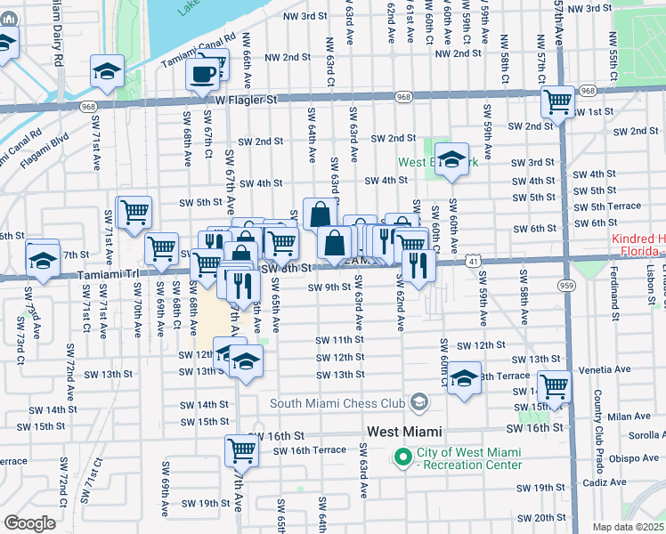 map of restaurants, bars, coffee shops, grocery stores, and more near 6387 Southwest 9th Street in West Miami