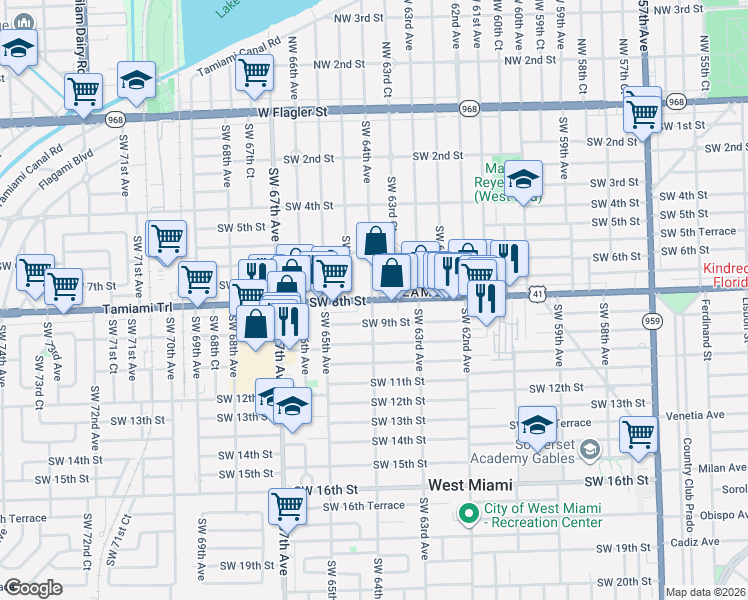 map of restaurants, bars, coffee shops, grocery stores, and more near 6387 Southwest 9th Street in West Miami