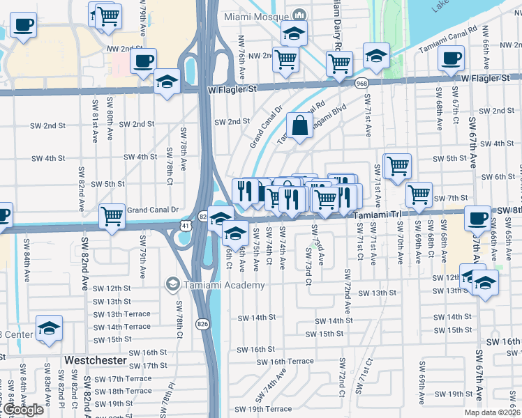 map of restaurants, bars, coffee shops, grocery stores, and more near in Coral Terrace