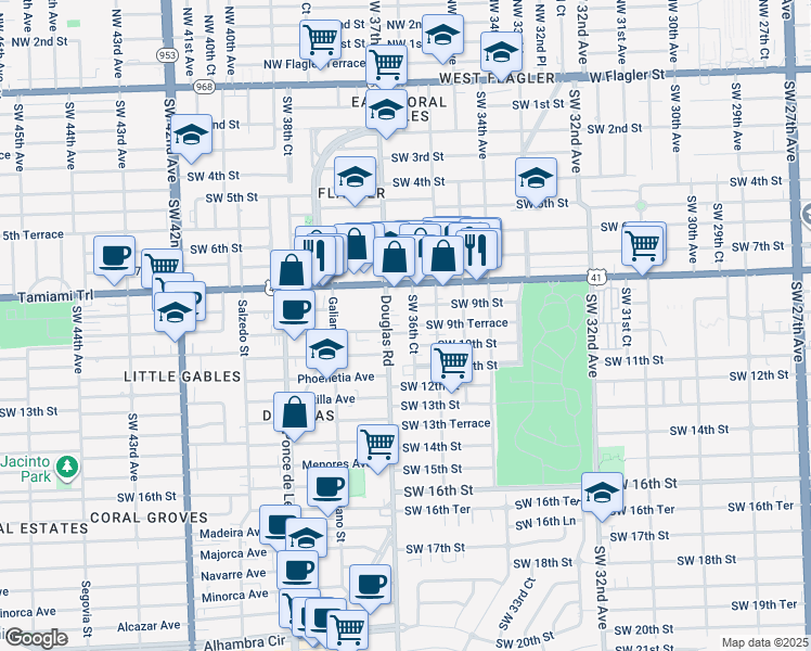 map of restaurants, bars, coffee shops, grocery stores, and more near 990 Southwest 36th Court in Miami