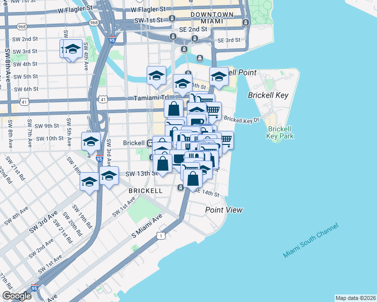 map of restaurants, bars, coffee shops, grocery stores, and more near 1060 Brickell Avenue in Miami