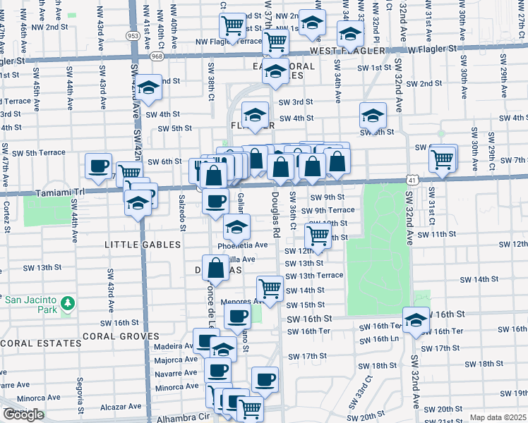 map of restaurants, bars, coffee shops, grocery stores, and more near 21 Santillane Avenue in Coral Gables