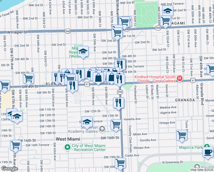 map of restaurants, bars, coffee shops, grocery stores, and more near 5824 Southwest 9th Street in West Miami