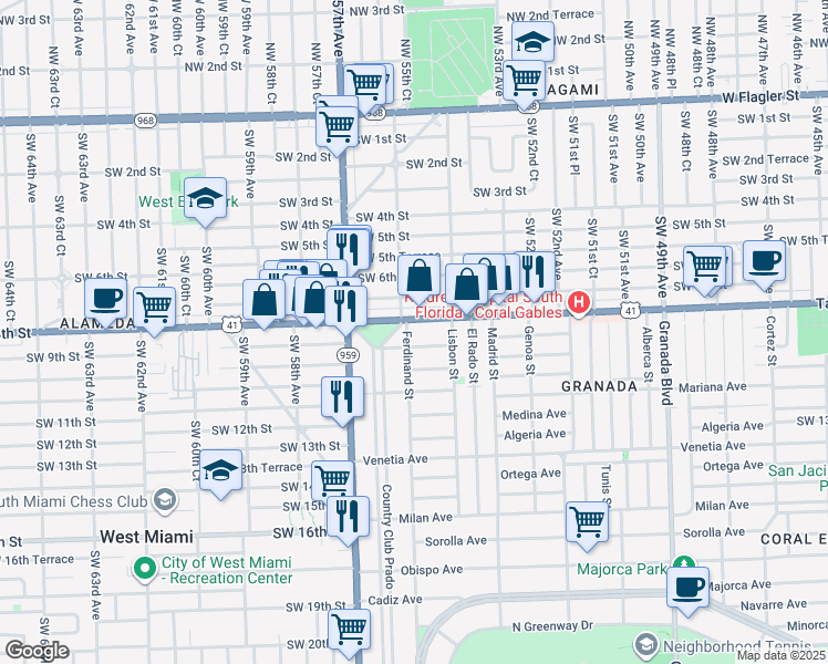 map of restaurants, bars, coffee shops, grocery stores, and more near 904 Ferdinand Street in Coral Gables