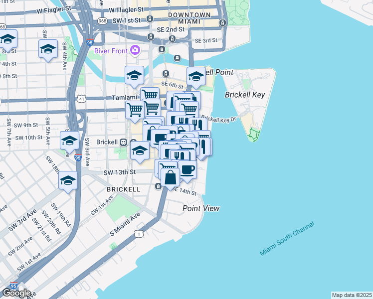 map of restaurants, bars, coffee shops, grocery stores, and more near 1111 Brickell Avenue in Miami