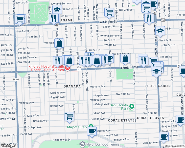 map of restaurants, bars, coffee shops, grocery stores, and more near 4836 Southwest 8th Street in Coral Gables