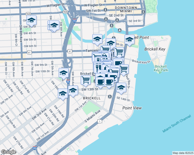 map of restaurants, bars, coffee shops, grocery stores, and more near 1101 Southwest 1st Avenue in Miami