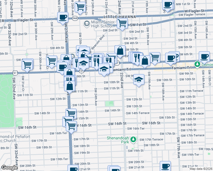 map of restaurants, bars, coffee shops, grocery stores, and more near 2313 Southwest 10th Street in Miami