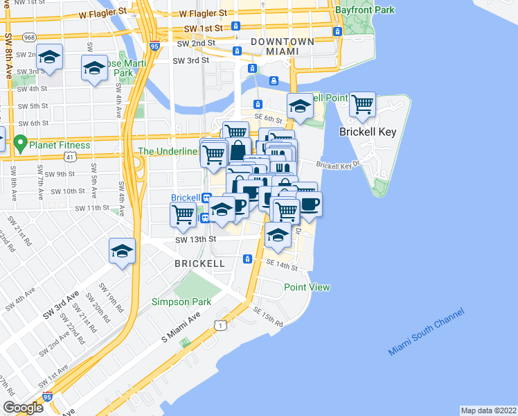 map of restaurants, bars, coffee shops, grocery stores, and more near 1000 Brickell Avenue in Miami