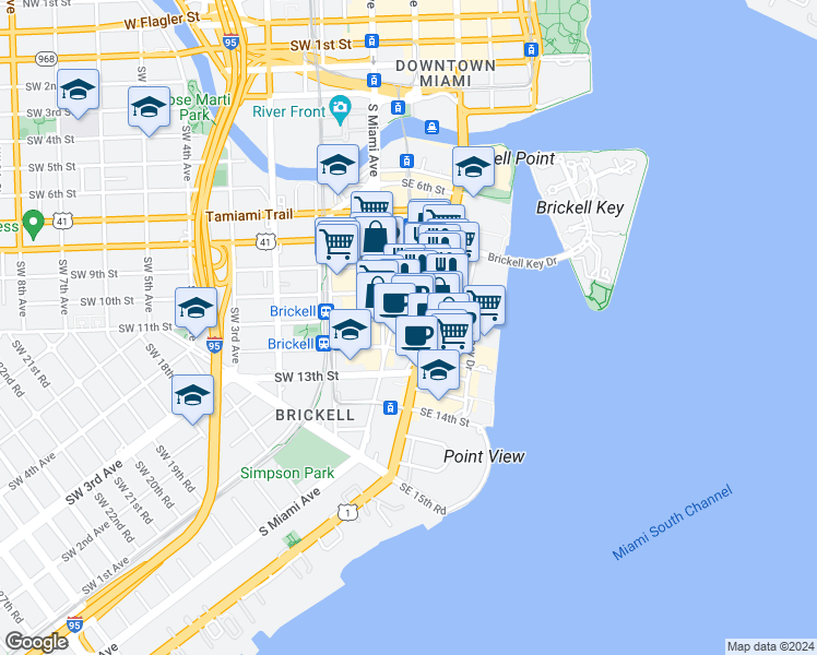 map of restaurants, bars, coffee shops, grocery stores, and more near 1000 Brickell Avenue in Miami