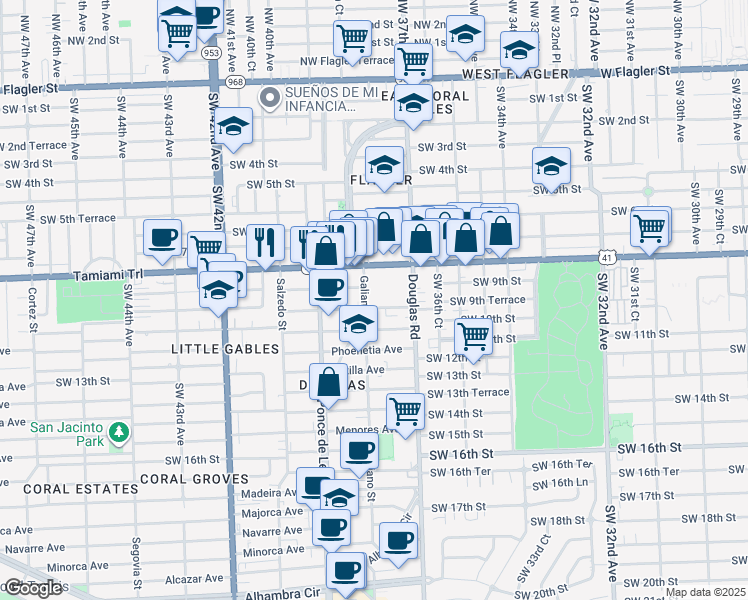 map of restaurants, bars, coffee shops, grocery stores, and more near 806 South Douglas Road in Coral Gables