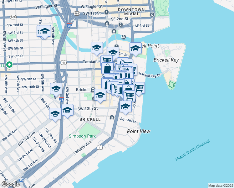map of restaurants, bars, coffee shops, grocery stores, and more near 1000 Brickell Avenue in Miami