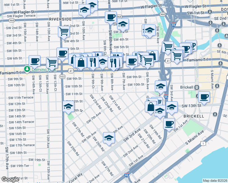 map of restaurants, bars, coffee shops, grocery stores, and more near 740 Southwest 10th Street in Miami