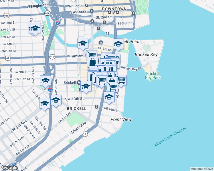 map of restaurants, bars, coffee shops, grocery stores, and more near 1000 Brickell Avenue in Miami