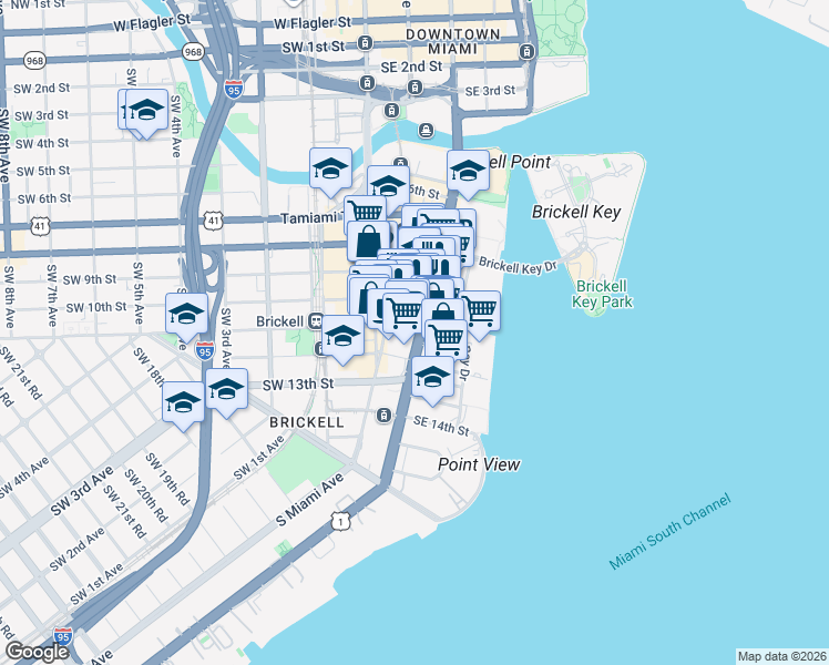 map of restaurants, bars, coffee shops, grocery stores, and more near 1000 Brickell Avenue in Miami