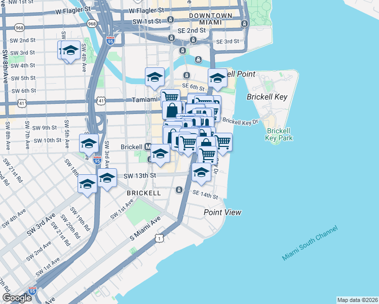 map of restaurants, bars, coffee shops, grocery stores, and more near 1000 Brickell Avenue in Miami
