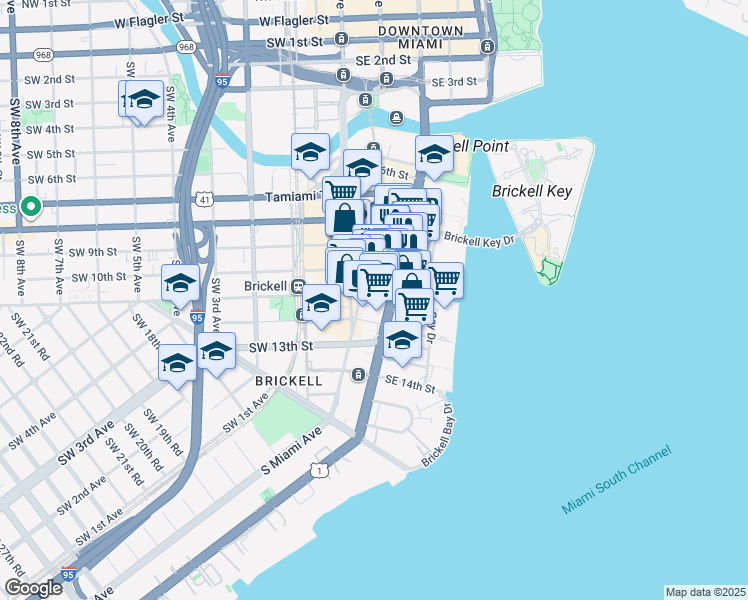 map of restaurants, bars, coffee shops, grocery stores, and more near 1000 Brickell Avenue in Miami