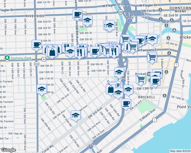 map of restaurants, bars, coffee shops, grocery stores, and more near 650 Southwest 10th Street in Miami