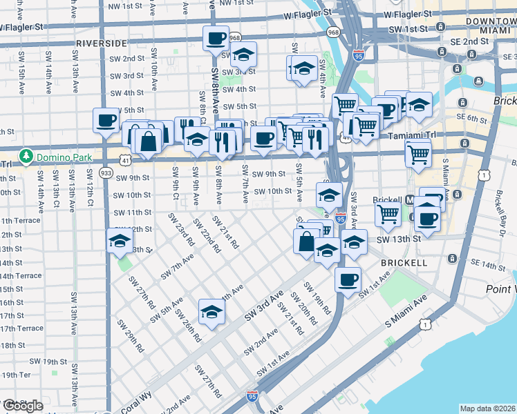 map of restaurants, bars, coffee shops, grocery stores, and more near 650 Southwest 10th Street in Miami
