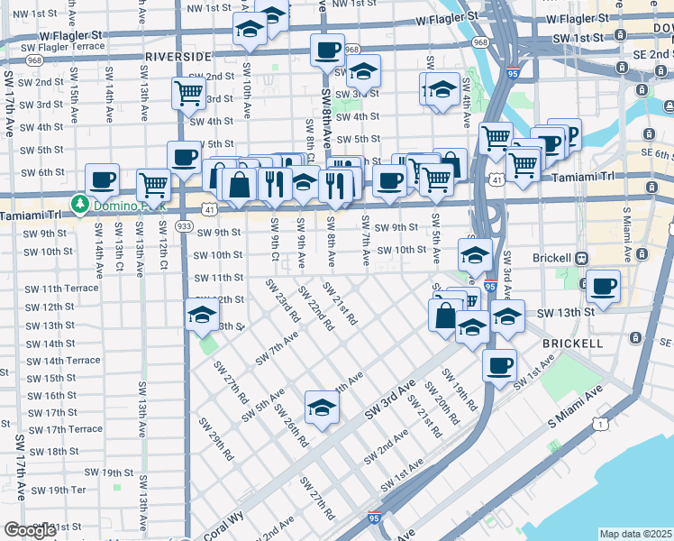 map of restaurants, bars, coffee shops, grocery stores, and more near 740 Southwest 10th Street in Miami