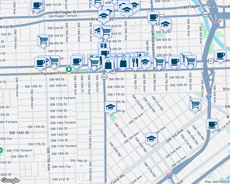 map of restaurants, bars, coffee shops, grocery stores, and more near 1053 Southwest 10th Street in Miami