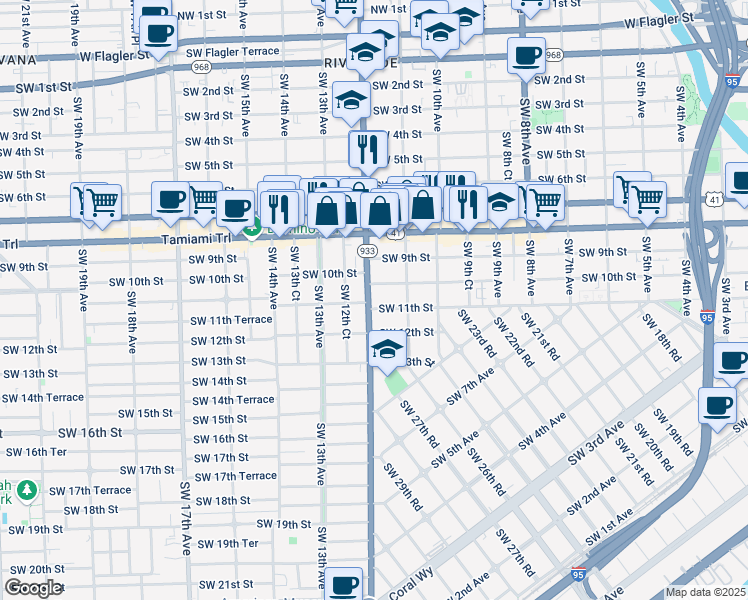 map of restaurants, bars, coffee shops, grocery stores, and more near 1171 Southwest 10th Street in Miami