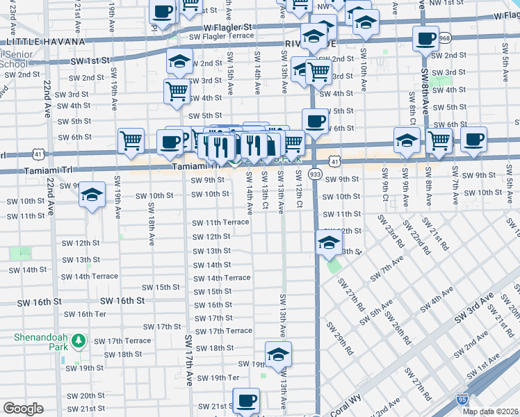 map of restaurants, bars, coffee shops, grocery stores, and more near 1020 Southwest 14th Avenue in Miami