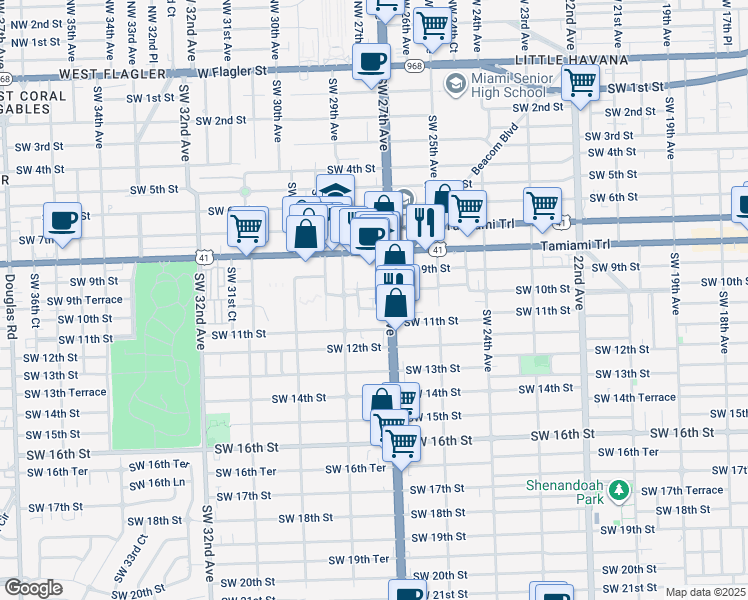 map of restaurants, bars, coffee shops, grocery stores, and more near 2701 Southwest 10th Street in Miami
