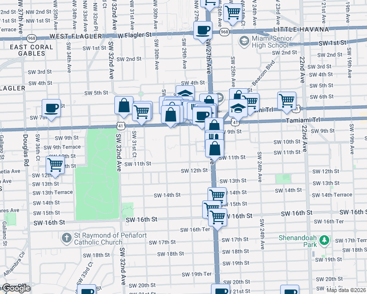 map of restaurants, bars, coffee shops, grocery stores, and more near 928 Southwest 29th Avenue in Miami