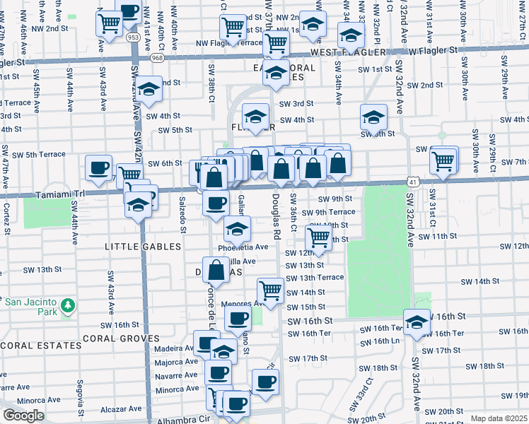 map of restaurants, bars, coffee shops, grocery stores, and more near 801 Douglas Road in Miami