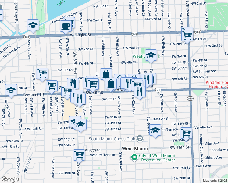 map of restaurants, bars, coffee shops, grocery stores, and more near 700 Southwest 63rd Avenue in Miami