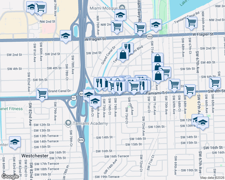 map of restaurants, bars, coffee shops, grocery stores, and more near 649 Flagami Boulevard in Miami